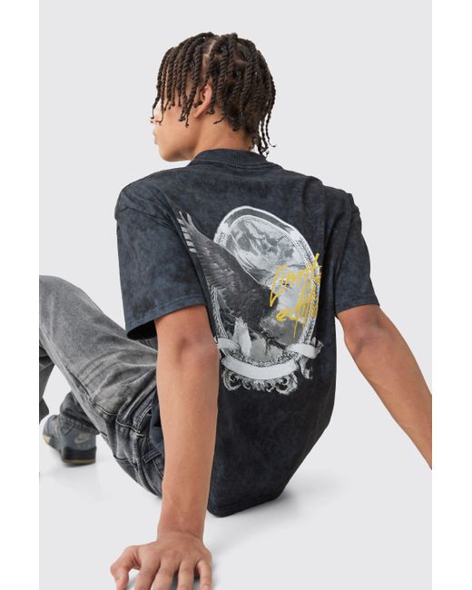 BoohooMAN Oversized Acid Wash Eagle Heavyweight T-shirt in Blue für Herren