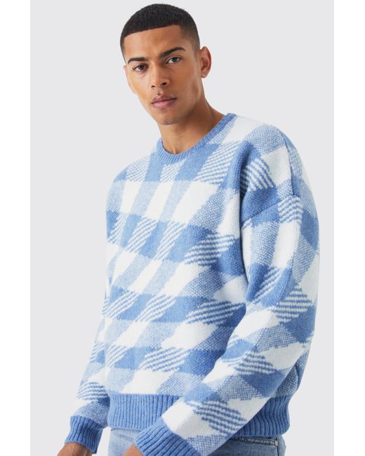 BoohooMAN Blue Oversized Boxy Brushed Checked Knit Jumper for men