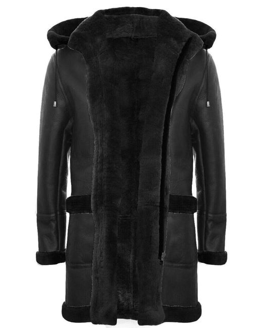 BoohooMAN Black Infinity Leather Winter Sheepskin Hooded Duffle Coat-helsinki for men