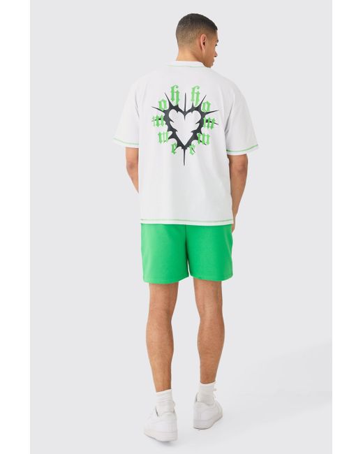 Boohoo Green Oversized Graphic Heart Contrast Stitch T-shirt & Short Set
