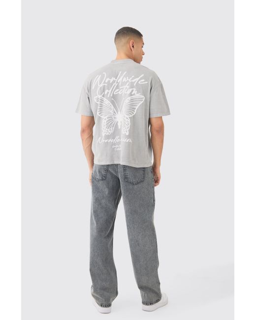 BoohooMAN Gray Oversized Butterfly Graphic Washed T-shirt for men