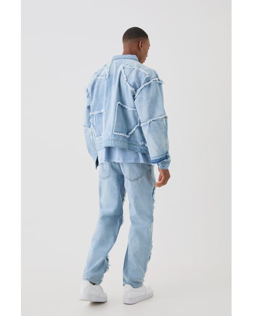 Boohoo Boxy Fit Distressed Patchwork Jean Jacket In Light Blue