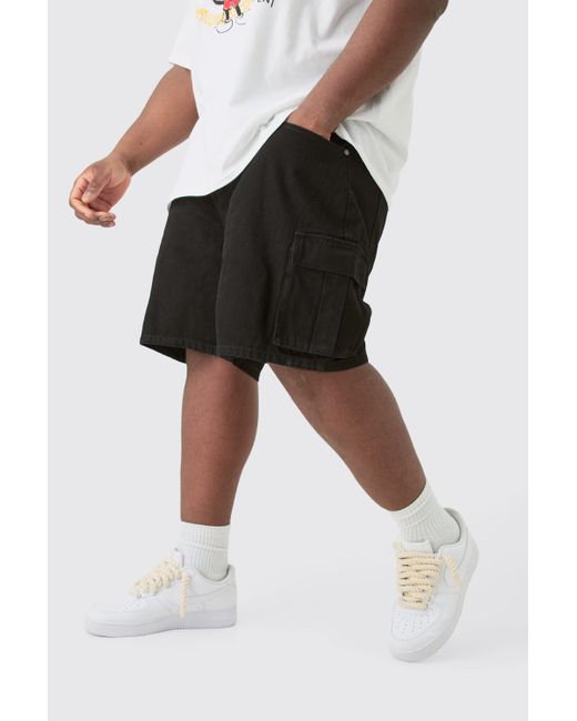 BoohooMAN Plus Rigid Denim Relaxed Fit Cargo Shorts In Black for men