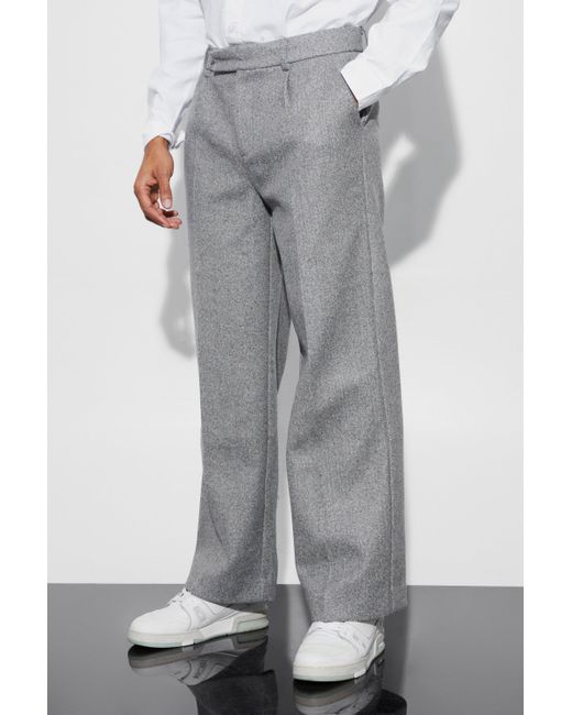BoohooMAN Gray Wool Look Wide Fit Tailored Trousers for men
