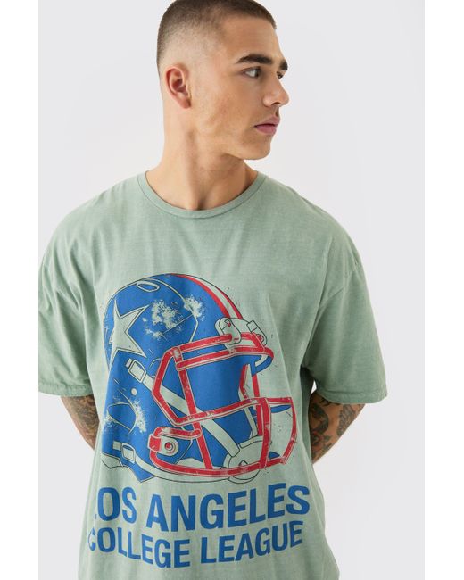 BoohooMAN Blue Oversized Los Angeles Varsity Wash T-shirt for men
