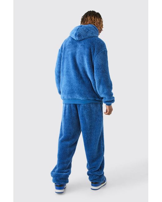 BoohooMAN Blue Tall Oversized Borg Embroidered Hooded Tracksuit for men