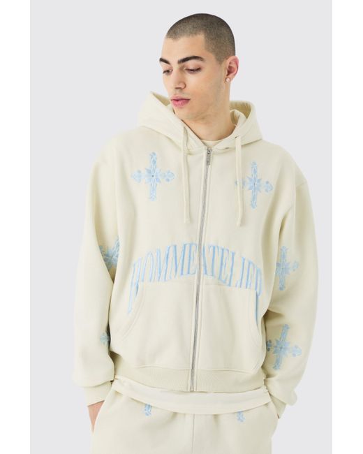 BoohooMAN White Oversized Boxy Zip Through Embroidered Hood Tracksuit for men