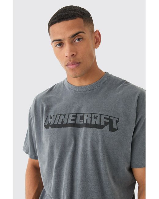 BoohooMAN Gray Oversized Minecraft Gaming Wash License T-shirt for men