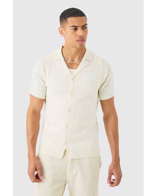 BoohooMAN White Open Stitch Button Down Knitted Shirt In Cream for men