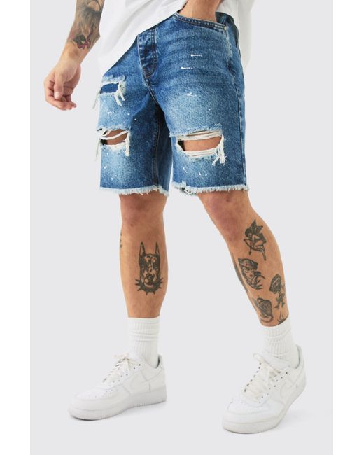 Boohoo Slim Rigid Ripped Paint Splatter Denim Shorts In Light Blue
