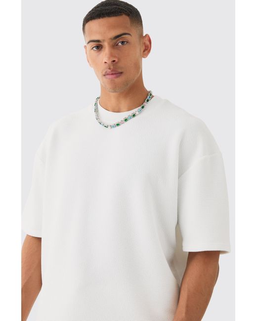 BoohooMAN White Oversized Boxy Extended Neck Textured T-shirt for men