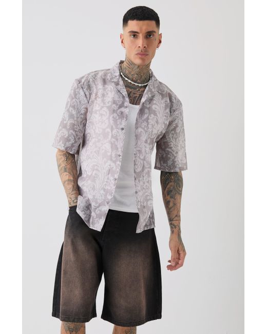 BoohooMAN Gray Tall Short Sleeve Drop Revere Tapestry Shirt for men