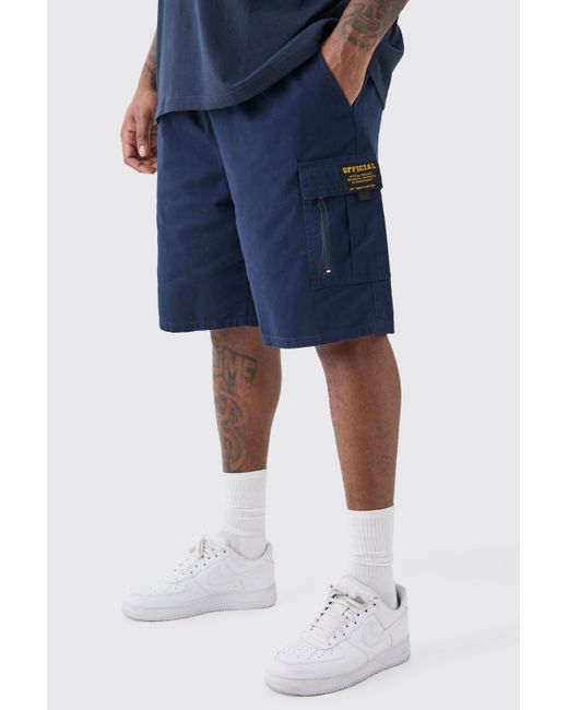 BoohooMAN Blue Plus Fixed Waist Twill Relaxed Cargo Zip Detail Tab Short for men
