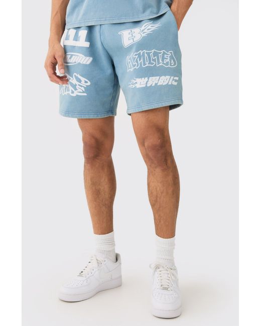 BoohooMAN Relaxed Moto Puff Print Washed Shorts in Blue für Herren