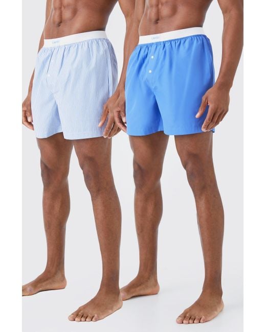 BoohooMAN Blue 2 Pack Limited Stripe Woven Boxer Shorts for men