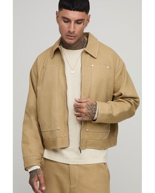 BoohooMAN Tall Regular Fit Canvas Carpenter Panel Worker Jacket in Natural für Herren