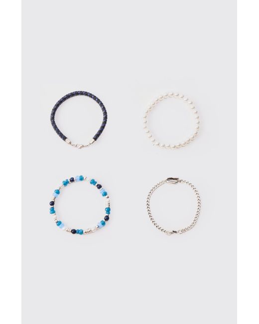 BoohooMAN 4 Pack Beaded Shell Bracelets In Blue for men