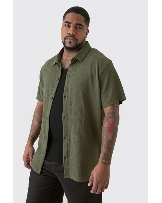 BoohooMAN Green Plus Short Sleeve Regular Textured Shirt In Khaki for men