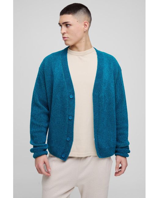 BoohooMAN Blue Boxy Cross Graphic Brushed Knitted Cardigan for men