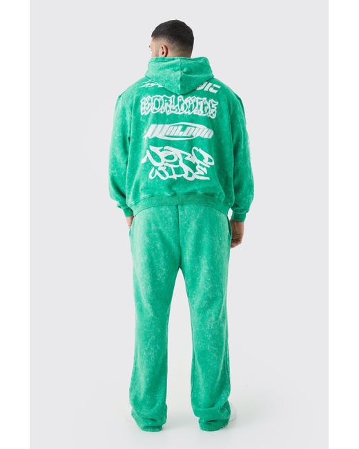 BoohooMAN Green Plus Oversized Boxy Ribbed Puff Print Hooded Tracksuit for men
