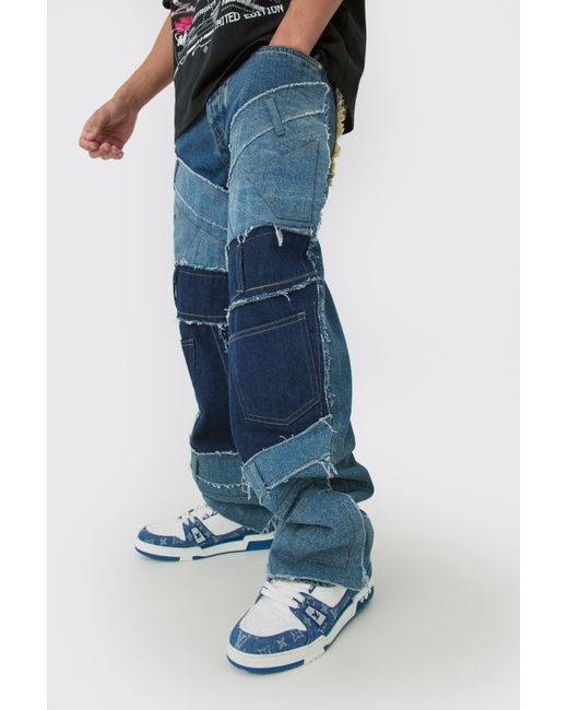 BoohooMAN Baggy Rigid Patchwork Waistband Detail Jean In Blue for men