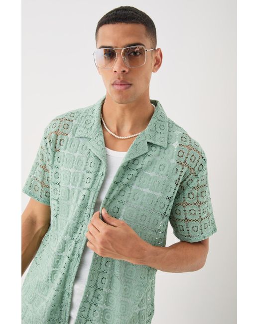 BoohooMAN Oversized Open Weave Lace Shirt in Green für Herren