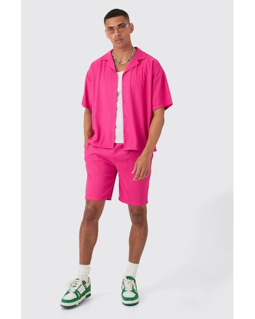 BoohooMAN Short Sleeve Ribbed Boxy Shirt & Short in Pink für Herren