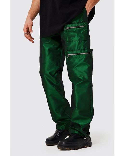 BoohooMAN Satin Relaxed Fit Iridescent Cargo Trousers in Green for Men Lyst
