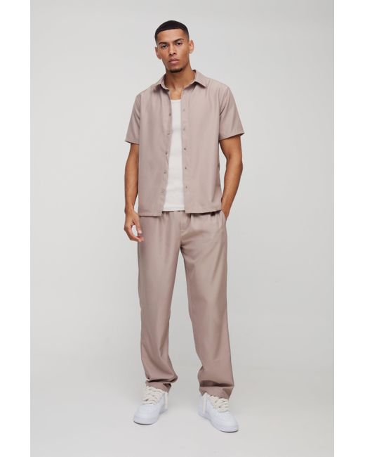 Boohoo Brown Short Sleeve Soft Twill Smart Shirt & Trouser Set