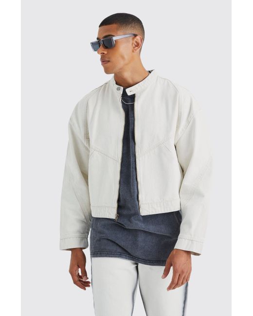 BoohooMAN Gray Boxy Fit Panelled Denim Moto Jacket for men