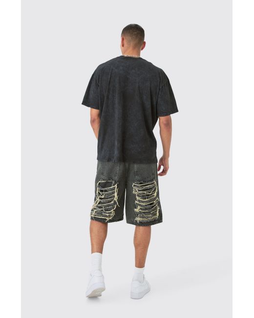 BoohooMAN Black Tall Distressed Oversized Acid Wash Metallic Graphic T-shirt for men