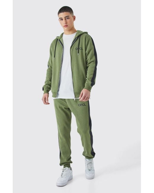 BoohooMAN Green Ofcl Slim Zip Through Contrast Colour Block Hooded Tracksuit for men