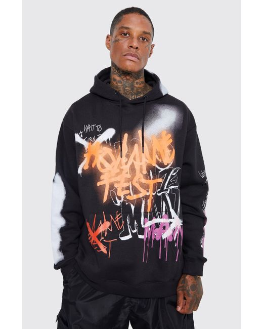 BoohooMAN Oversized All Over Graffiti Print Hoodie in Blue for Men | Lyst UK