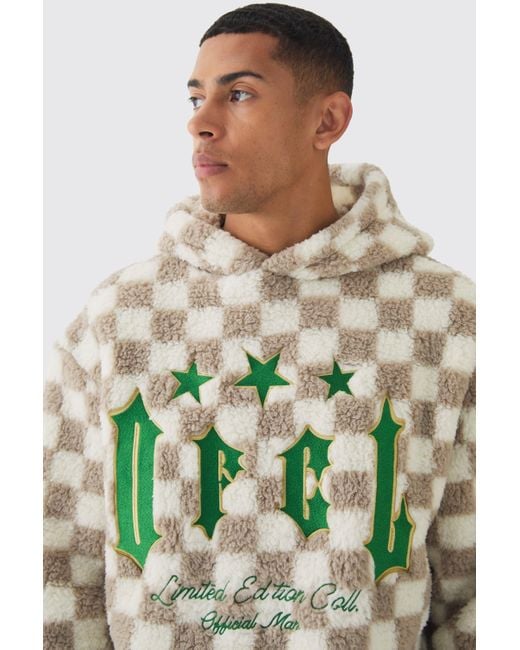 BoohooMAN Multicolor Oversized Ofcl Graphic Applique Checkerboard Teddy Borg Hoodie for men