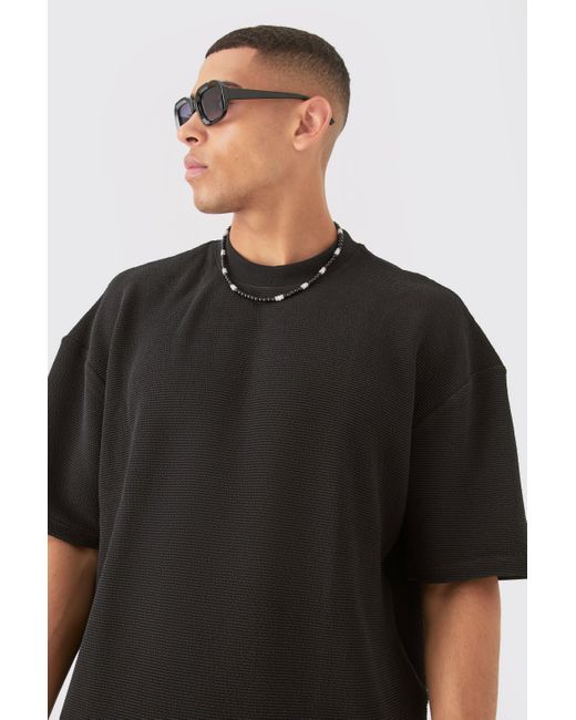 BoohooMAN Black Oversized Boxy Extended Neck Textured T-shirt for men
