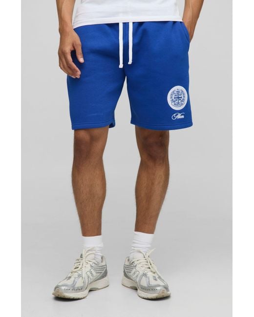 BoohooMAN Blue Relaxed Fit Embroidered Mid Length Shorts for men
