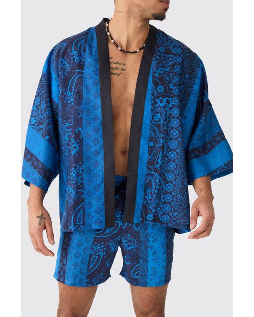 BoohooMAN Blue Oversized Printed Kimono Shirt And Swim Short Set for men