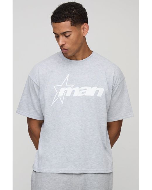 BoohooMAN Kastiges graues Oversize T-Shirt mit M Stern Print in White für Herren