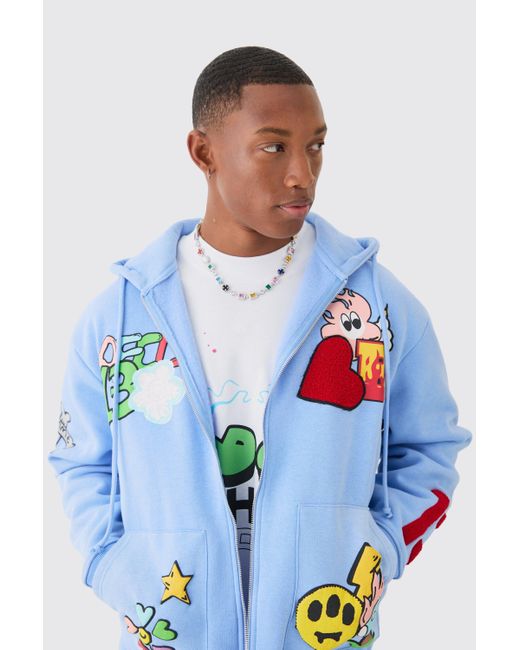 BoohooMAN Blue Oversized Zip Through Embroidered Spray Hoodie for men