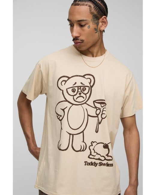 BoohooMAN Natural Sand Oversized Teddy Swims License Printed T-shirt for men
