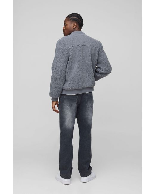 BoohooMAN Gray Regular Fit Borg Bomber Jacket for men