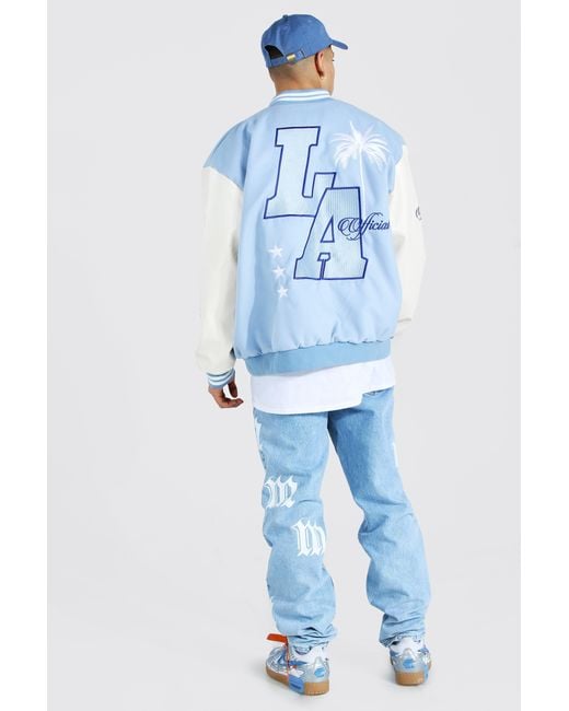 boohooman blue varsity jacket