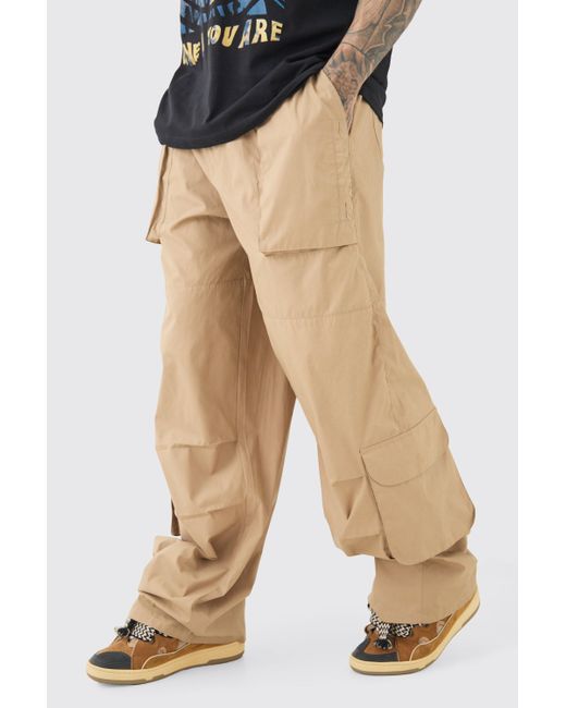 BoohooMAN Natural Tall Elasticated Waist Oversized Peached Cargo Pants for men
