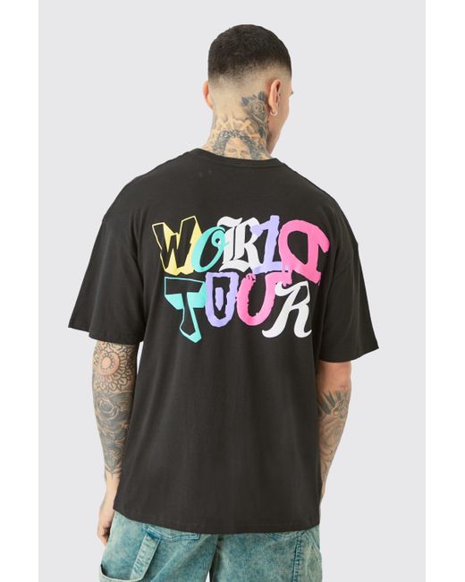 BoohooMAN Tall Oversized World Tour Puff Print T-shirt In Black in Gray für Herren