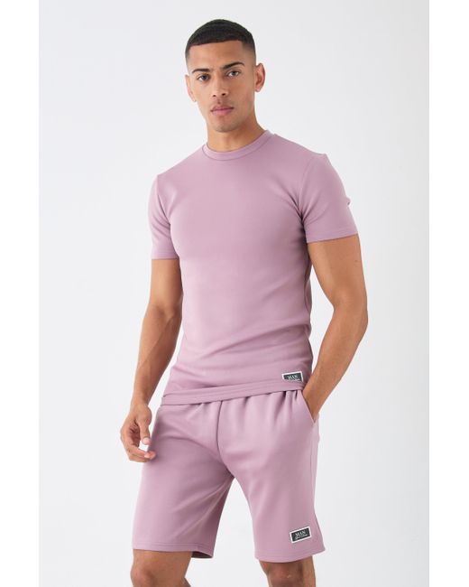 Muscle Fit Scuba T-Shirt & Short Set Boohoo de color Purple