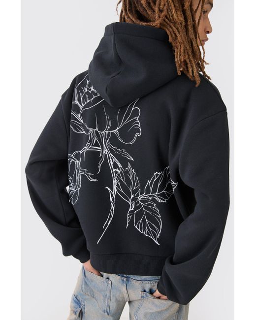 BoohooMAN Blue Oversized Boxy Floral Line Drawing Hoodie for men