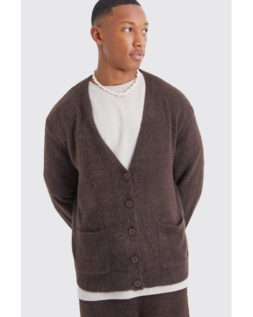 BoohooMAN Gray Boxy Fluffy Knitted Cardigan for men