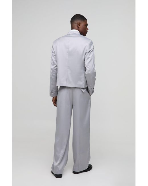 BoohooMAN Satin-Hose mit weitem Bein und Bundfalte in Gray für Herren