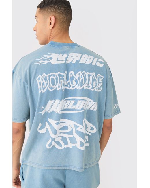 BoohooMAN Oversized Boxy Extended Neck Moto Puff Print Washed T-shirt in Blue für Herren
