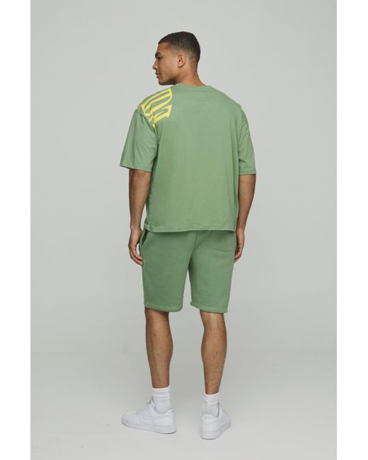 BoohooMAN Green Oversized Boxy Worldwide Over Seam Print T-shirt & Short Set for men